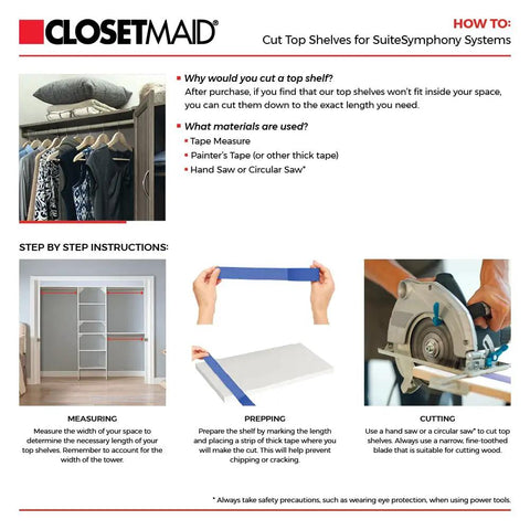 Instructions on cutting top shelves for SuiteSymphony systems using tape, saw, and measuring tools.