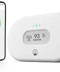 Radon Monitor With Humidity And Temperature Detector, Battery Powered, WiFi And Mobile App Alerts alongside smartphone app display.