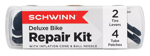 Deluxe Bike Tube Repair Kit With Tire Patches, Levers, Scuffer And Tools packaging with two levers and four patches visible