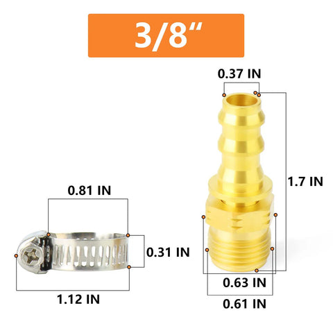 Beefy Brass Swivel Push On Hose Fittings 3/8 Barb To 5/8-18 Inverted Flare, 2 Pack With Rubber Ring Dust Seal, Heavy Duty Union For Fuel Air Liquid Gas Lines, Works With Automotive Marine Workshop Hoses, -65 To 250F, 150 PSI. brass hose fitting and clamp size chart