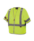 High Visibility Sleeved Mesh Safety Vest With Brilliant Reflective Tape And Utility Pockets Class 3 in bright yellow with zipper and chest pockets.