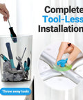 Illustration of tool-free assembly for shower stool with 350 pound capacity, showing hand tightening a knob, emphasizing no tools needed.