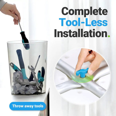 Illustration of tool-free assembly for shower stool with 350 pound capacity, showing hand tightening a knob, emphasizing no tools needed.