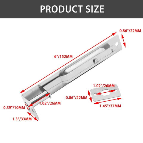 6 Inch Flush Bolt For Double French Doors And Patio Wood Doors Built Tough Heavy Duty Stainless Steel Concealed Sliding Door Latch In Brushed Chrome Finish shown with measurements