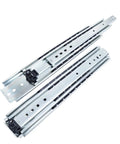 Heavy Hitting 50 Inch Full Extension Three Section Drawer Slides with silver metal finish and nylon buckles for cabinets.