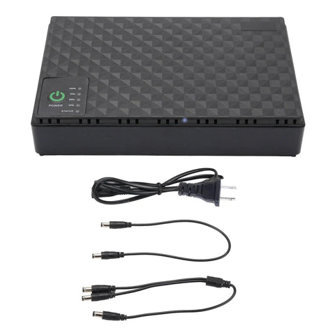 Plug And Play 10400mAh Ups Battery Backup For Routers And Modems with US plug, power indicator, and output cables.
