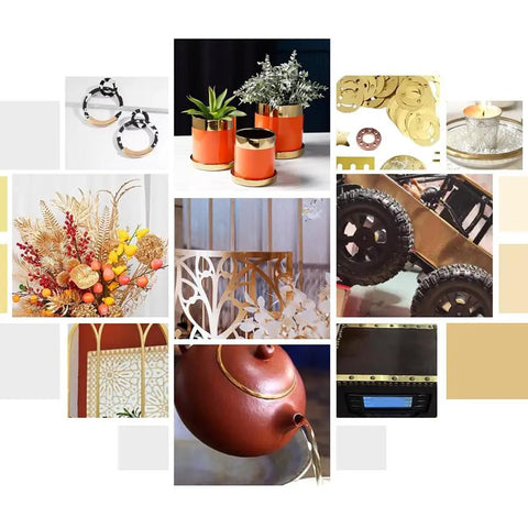 Collage featuring Pro Grade Brass Sheet 12 Inch By 6 Inch 0.01 Millimeter Thickness Shim Stock with various craft applications.