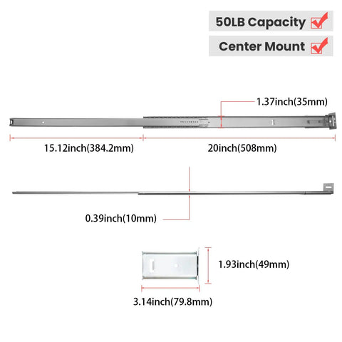 Tough As Nails Center Mount Drawer Slides 20 Inch Heavy Duty Soft Close Cabinet Tracks featuring measurements and specifications.