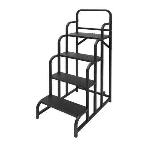 Score This Rock Solid 4 Step Black Rolling Warehouse Ladder With Non Slip Tread Pedals Rugged Carbon Steel Handrails And Smooth Glide Wheels For Effortless Supermarket Restocking Or Library Organizing Tasks