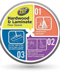 Zep Hardwood And Laminate Floor Cleaner instructions showing steps for cleaning with spray method, easy use guide.