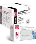 No Sweat Blue Nitrile Exam Gloves Case Of One Thousand Large Size Packs Latex Free Powder Free Formulation With Slick Tactile Feel And Dead Reliable Allergy Safe Shield For Medical Crews Demanding Top Tier Performance Every Shift box showing gloves details.