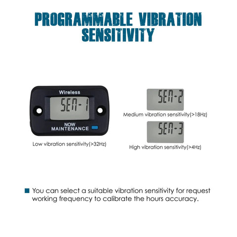 Digital Vibration Activated Hour Meter Gauge For Engine Hours Tracking And Maintenance Scheduling Keeps Tabs On Total And Run Time With Resettable Previous Hours Five Independent Maintenance Channels, wireless unit