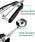 Close-up of Two Tablespoon Cookie Dough Scoop for Baking, Size 40, showing spring loaded mechanism and comfortable grip stainless steel design.