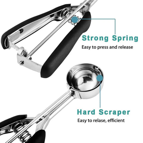 Close-up of Two Tablespoon Cookie Dough Scoop for Baking, Size 40, showing spring loaded mechanism and comfortable grip stainless steel design.