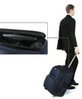 MATEIN blue rolling laptop backpack with wheels and trolley handle; side view shows interior zipper pocket.
