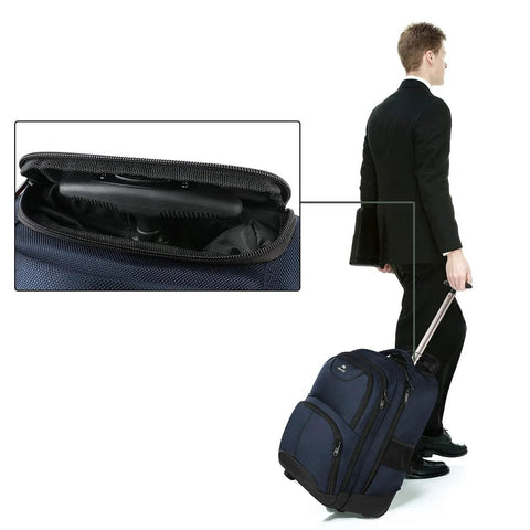 MATEIN blue rolling laptop backpack with wheels and trolley handle; side view shows interior zipper pocket.