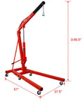 Foldable Hydraulic Engine Hoist And Cherry Picker With Six Heavy Duty Steel Casters 4400 LB Capacity Badass Workhorse Shop Crane For Garage Mechanics And Repair Red side view with measurements.