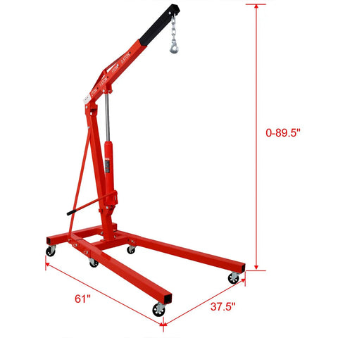 Foldable Hydraulic Engine Hoist And Cherry Picker With Six Heavy Duty Steel Casters 4400 LB Capacity Badass Workhorse Shop Crane For Garage Mechanics And Repair Red side view with measurements.