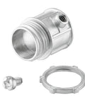 Fifty Piece Pack Of Super Tough EMT Connectors For Half Inch Electrical Conduit Systems Featuring Corrosion Resistant Zinc Alloy Build For Snug Tight Wire Runs And No Sweat Installations, close-up of a connector with screw and ring.