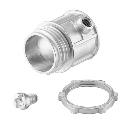 Fifty Piece Pack Of Super Tough EMT Connectors For Half Inch Electrical Conduit Systems Featuring Corrosion Resistant Zinc Alloy Build For Snug Tight Wire Runs And No Sweat Installations, close-up of a connector with screw and ring.