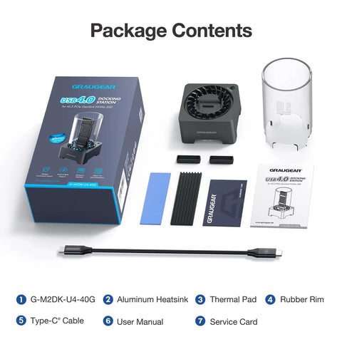 Straight Fire USB4 40Gbps M.2 NVMe SSD Enclosure Docking Station With Low Noise Fan showing package contents and accessories.
