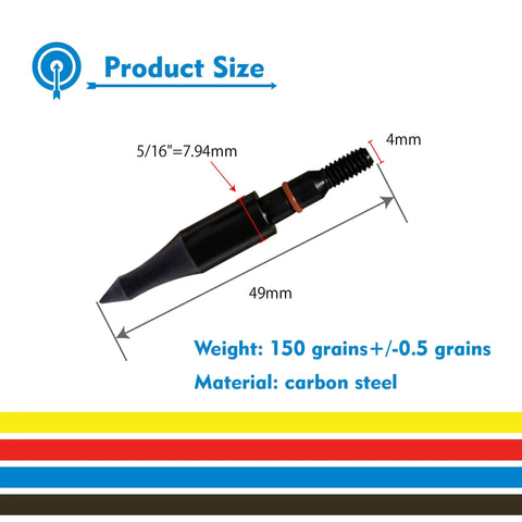 Twelve 150 Grain 5 16 Inch Screw In Archery Arrow Tips With 8 32 Thread CNC Precision Field Points dimensional view