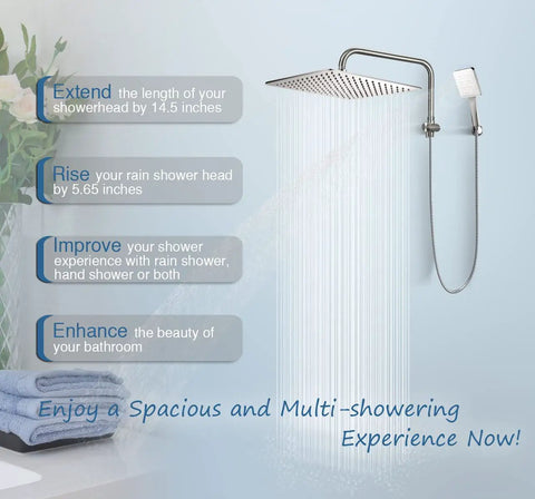 All Metal 3 Way Shower Arm Diverter Valve With 16 Inch Shower Head Extension Arm and High Rise Extender, brushed nickel in use
