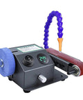 Versatile Wet Dry Belt Sander With Water Attachment For Minimal Dust Grinding And Polishing Metal Wood Plastic Acrylic Stone Adjustable Speed Up To 13000Rpm Includes Ten Abrasive Belts For Precision DIY Projects And Professional Finishing Tasks, showing machine with adjustable speed and water cooling.