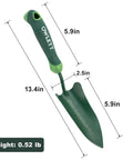Go To Measuring Garden Trowel With Ergonomic Soft Grip Handle With Dimensions Displayed 13.4in Shovel Length, Rustproof Blade