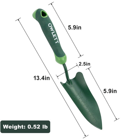 Go To Measuring Garden Trowel With Ergonomic Soft Grip Handle With Dimensions Displayed 13.4in Shovel Length, Rustproof Blade
