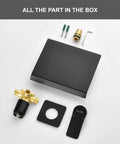 Wall Mount Bathtub Filler Faucet With Waterfall Flow, Roman Tub Filler, Matte Black parts, solid brass, rough-in, and tools kit.