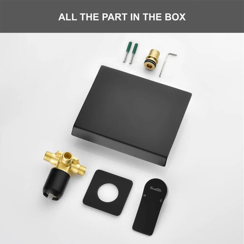 Wall Mount Bathtub Filler Faucet With Waterfall Flow, Roman Tub Filler, Matte Black parts, solid brass, rough-in, and tools kit.