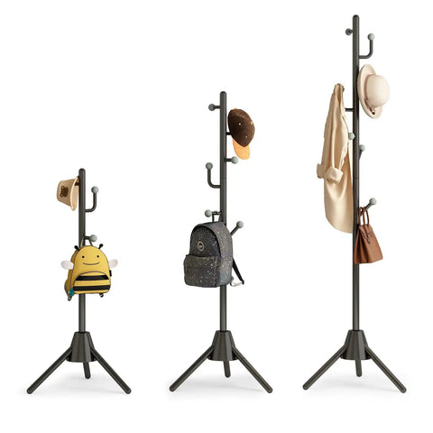 Heavy Duty Anti-Tip Coat Rack With 8 lb Stable Base And 80 lb Load Tested Metal Standing Tree Featuring Eight Hooks And 3 Height Adjustable Levels