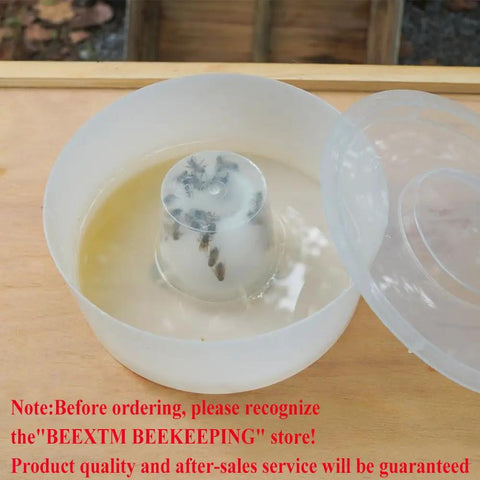 Open Four Pack Round Bee Feeders For Hives Top Water Or Syrup Dispenser with clear lid showing bees accessing syrup, durable plastic