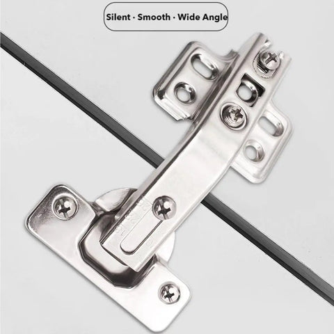 Close-up of a Four Pack 135 Degree Lazy Susan Cabinet Hinge with adjustable silent operation installed on a kitchen cabinet, nickel plated.