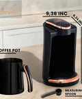 Turkish And Greek Coffee Maker For Home Use 1 To 4 Cup Capacity 400W Electric Pot BPA Free Anti Spill Design Black with pot and spoon
