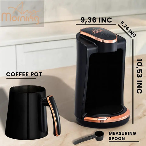 Turkish And Greek Coffee Maker For Home Use 1 To 4 Cup Capacity 400W Electric Pot BPA Free Anti Spill Design Black with pot and spoon