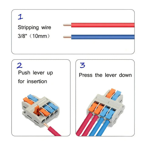 Quick Push-In Wire Connector Kit Fast Tool-Free Terminal Block For Splicing Solid Stranded Copper Conductors In Home Projects And Lighting Installations Flame-Retardant Pa66 Housing With Tin Plated Contacts Rated For High Current Up To 32 Amps. stripping wire 3/8 inch 10mm, 4-port connector