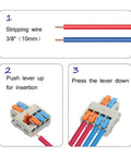 Heavy Duty Quick Push In Wire Connectors With Lever Operated Terminals For Fast Tool Free Splicing Solid Stranded Copper Conductors Flame Retardant Housing Rated 32A And 600V, 3/8 in wire strip guide
