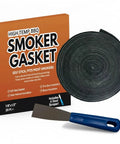 Smoker gasket seal roll, black felt, self-adhesive, 1/2 in x 1/8 in x 20 ft for BBQ grill pit; scraper included
