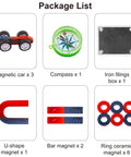 Magnetic Science Kit For Kids A Hands On Physics Lab With Bar Ring Horseshoe Compass Iron Powder Includes Fun Experiments And STEM Learning Tools package list with magnet cars, compass, iron filings, U-shape, bar, and ring magnets.