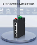 Built Tough 5 Port Industrial DIN Rail Ethernet Switch With 4 Ports And 1 Uplink, IP30 Rated, compact, standing on display.