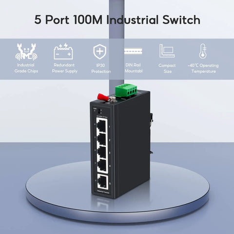 Built Tough 5 Port Industrial DIN Rail Ethernet Switch With 4 Ports And 1 Uplink, IP30 Rated, compact, standing on display.