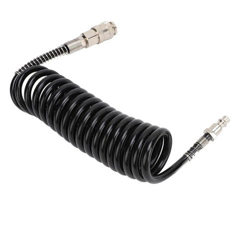 Hardcore Heavy Duty Coiled Air Hose 3 Meter Long Reinforced Premium Rubber Steel Build Resists Kinks Oils And Grease For Garage Shop Pneumatic Auto Repair Tasks Easy Flexibility Super Awesome For Mechanics And DIY Projects coiled black hose with steel fittings