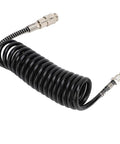 Heavy Gauge Three Meter Air Hose Built Like A Badass With Kink Resistant Flex Oil Resistant Rubber And Steel Made To Handle Air Compressor Jobs Without Breaking A Sweat - coiled black rubber hose with steel fittings.
