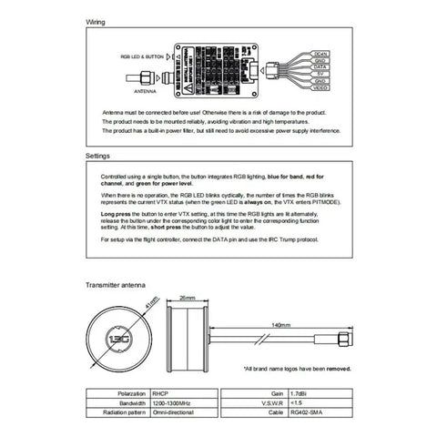 Diagram details for Long Range FPV VTX Audio Video Transmitter With SMA Omni Directional Antenna For RC Drones 4W Power And Multi Level Adjustable Channel Settings Single Button Operation With RGB LED Status
