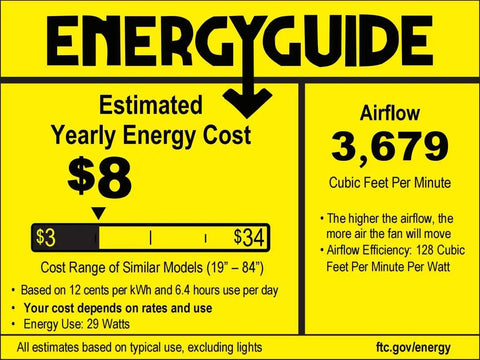 EnergyGuide label for 38 Inch Flush Mount Ceiling Fan With Light Remote And App Control Dimmable LED Light Quiet DC Motor
