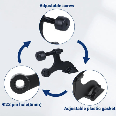 Built Tough Zinc Hinge Pin Door Stops Adjustable Matte Black Finish features adjustable screw and plastic gasket.
