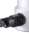 Close-up of Heavy Duty Manual Metal Cutter Double Head Nibbler Drill Attachment showing black metal drill mount and threading detail.