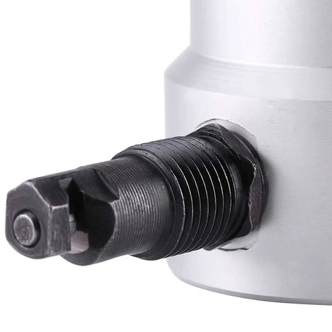 Close-up of Heavy Duty Manual Metal Cutter Double Head Nibbler Drill Attachment showing black metal drill mount and threading detail.